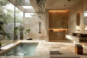 Modernes Badezimmer mit großformatigen Feinsteinzeugfliesen